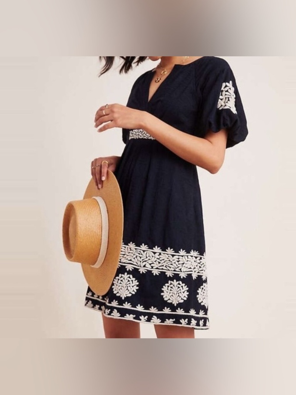 Anthropologie Orla Embroidered Mini Dress size 2 Black And White Floral Boho